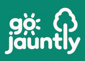 Go Jauntly written on dark green background in white letters