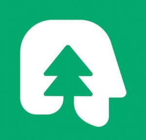 green pine tree silhouette in front of white shape, on green background