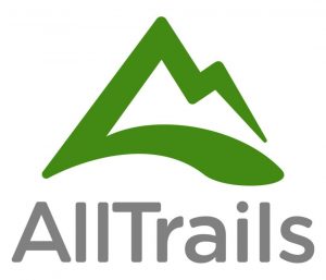 Green outline of a mountain above the name AllTrails on a white background