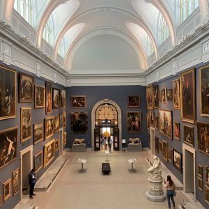 Interior overhead view of an extensive art gallery