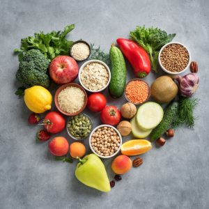 fruits and veggies and whole grains are arranged in the shape of a heart