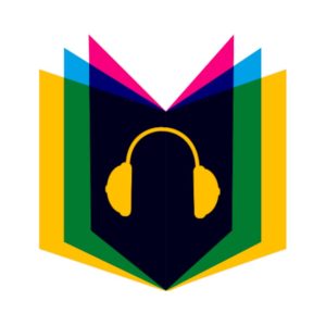 A graphic that looks like multicolored open books stacked on top of each other with a yellow set of headphones in the center.