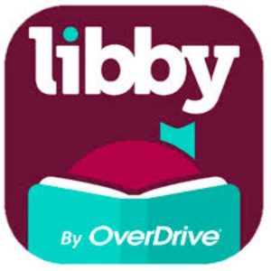 A graphic of a little girl with her head in a book, and the app names "libby" and "By Overdive"