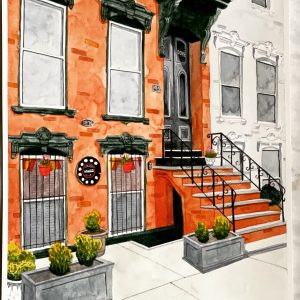 A watercolor of a brownstone building. Grey planters sit outside decorated windows at ground floor level.