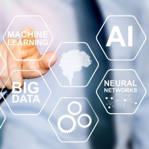 We are looking through some kind of computer screen with projected images of Big Data, AI, neural networks written on it