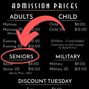 An admission prices list, with the Seniors section highlighted with a red circle and arrow
