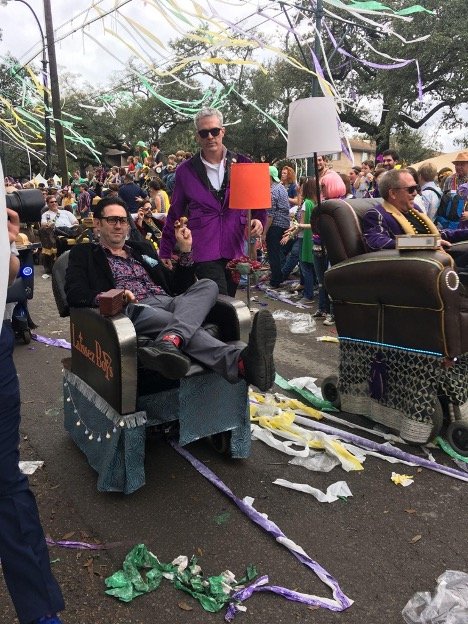 The Laissez Boys (on motorized La-Z-Boys) demonstrate the standard sense of humor at Mardi Gras.