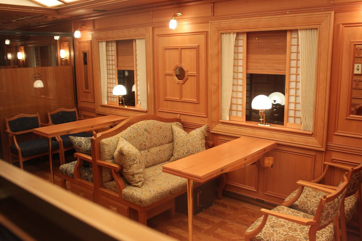 Dining space aboard the Seven Stars in Kyushu