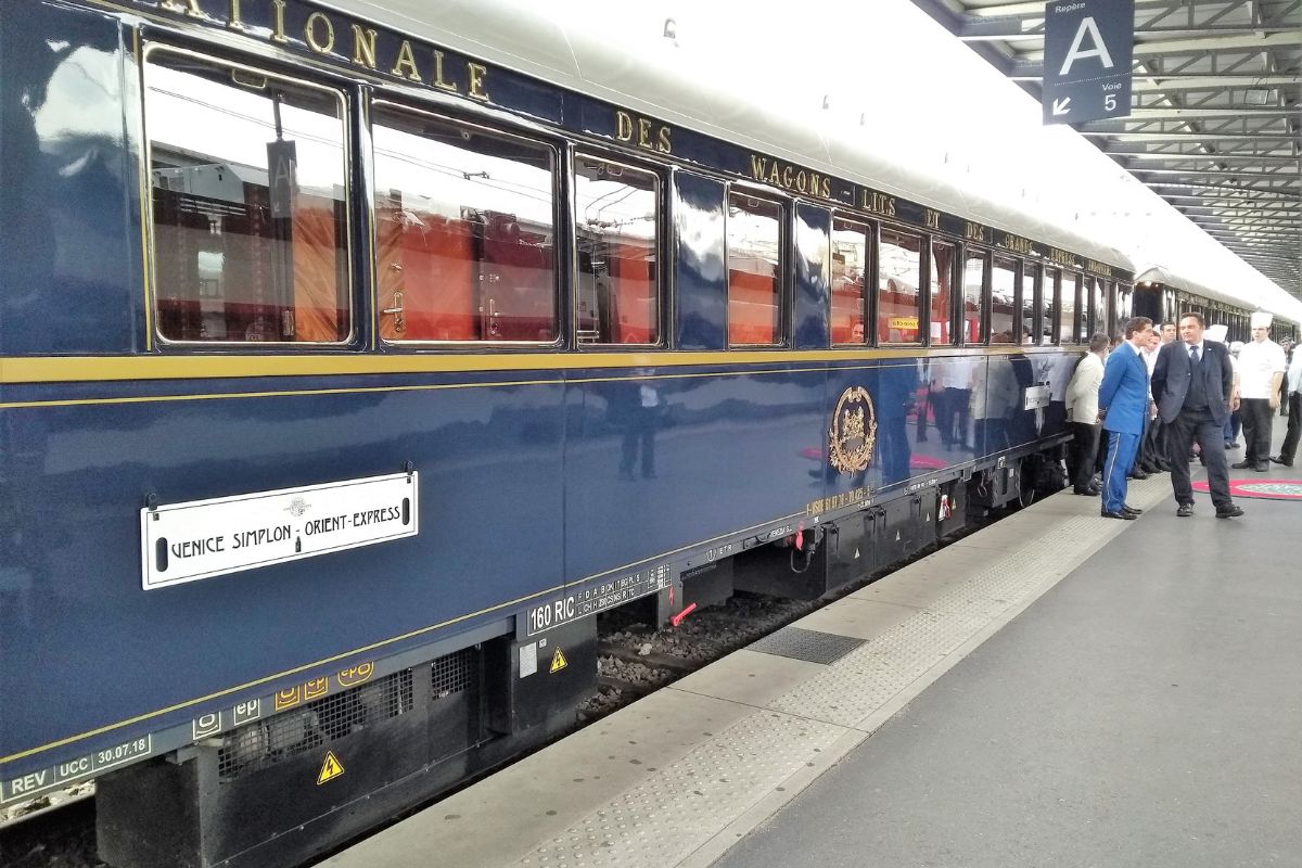 The blue-and-gold cars of the Venice Simplon-Orient-Express