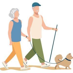 illustration of senior couple walking with dog