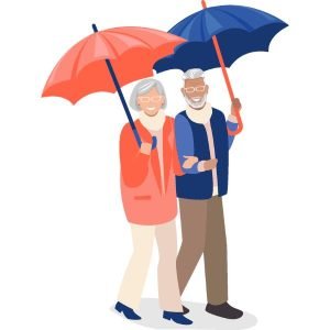 illustration of senior couple walking in rain
