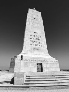 Black and white photo of Wright Brothers Monument in Kitty Hawk