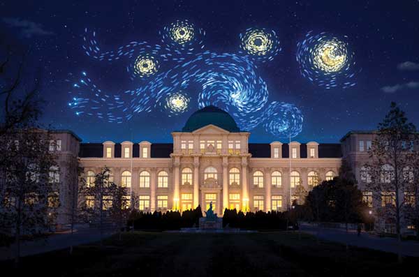 Rendering of New York Botanical Garden’s “The Starry Night” illuminated drone show over NYBG’s iconic conservatory