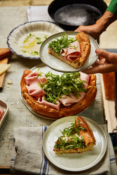 Dutch Baby Pancake with Mortadella & Arugula