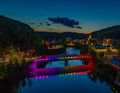 The bridges in Montpelier, Vermont light up after sunset