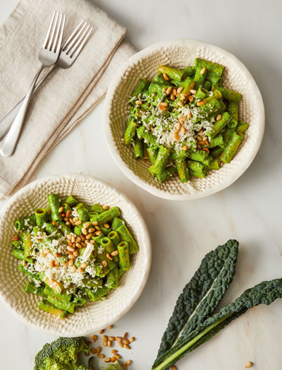 Creamy green pasta can be made with kale or broccoli