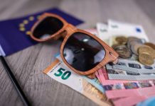 New European travel fees and entry requirements conceptual travel fees illustration featuring flag, sunglasses and currency